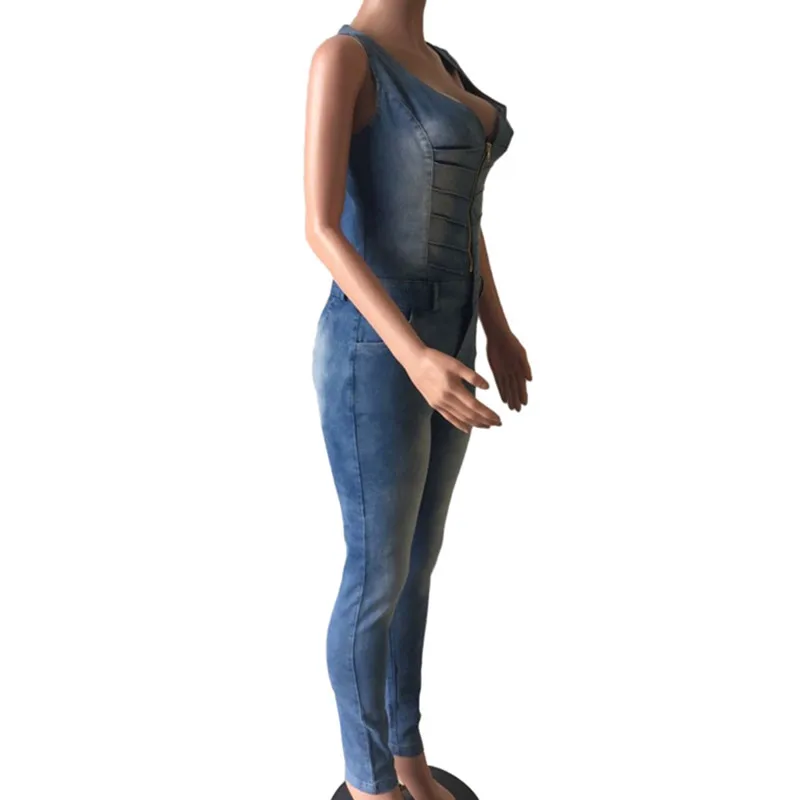 Женский Облегающий комбинезон комбинезоны джинсы брюки длинные брюки дамы сексуальные джинсы длинные сексуальные без рукавов Глубокий v-образный вырез синий тонкий стиль