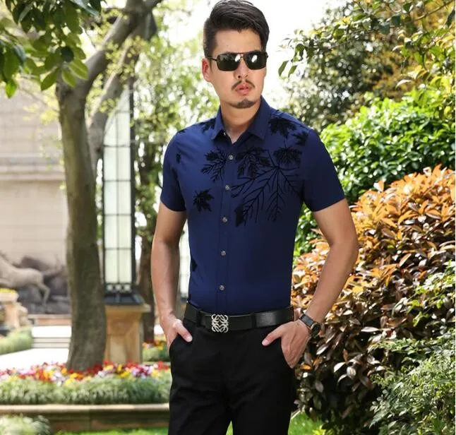 Последние модные мода листья печатный рисунок мужчины летом мерсеризированный хлопчатобумажную рубашку, Мужчины лист с коротким рукавом летом рубашки