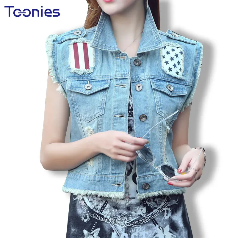 Girls Sleeveless Denim Vest Outwear Striped Star Patch Streetwear Women