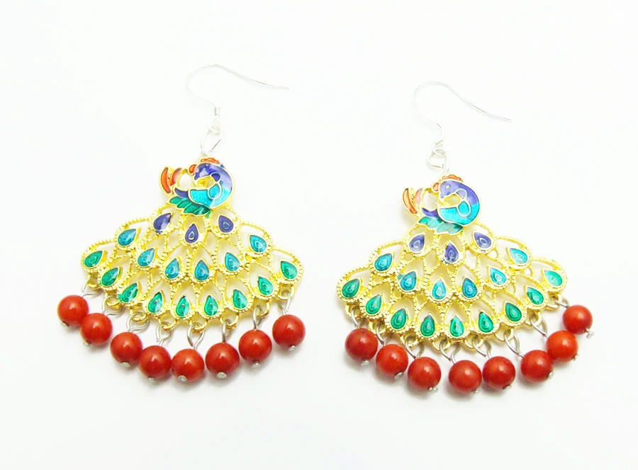 

Qingmos Multicolor 40mm Peafowl Pendant Earring for Women with 6mm Red Round Natural Dangle Coral Earring for Women Jewelry e418
