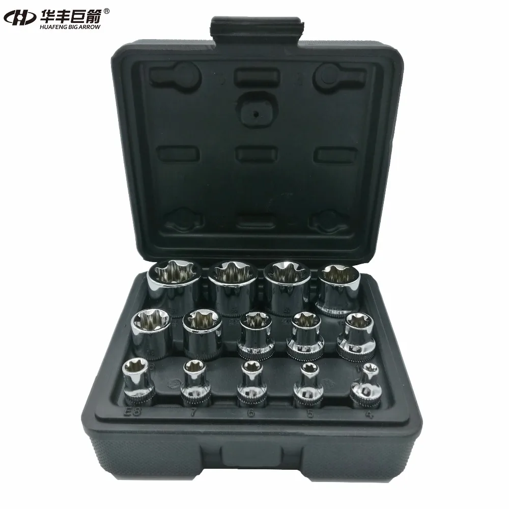 Набор гнездовых бит HUAFENG BIG ARROW 14 шт. E Torx Star с сильным чехлом CRV 1/2 &quot/3/8&quot/1/4 &quotDrive E4