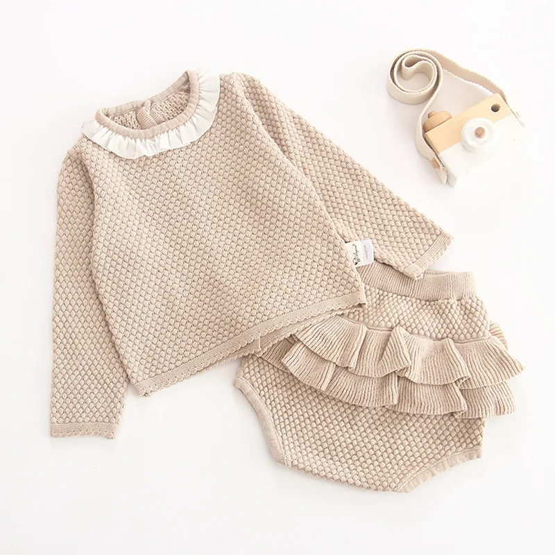 

2019 New Autumn Baby Girls Clothes Long Sleeve Knit Sweater+Shorts Sets of Children Baby Clohting Knit Set 0-24 Months