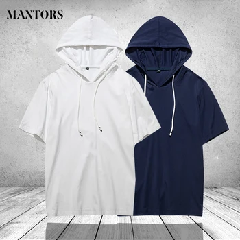 

Summer Men Casual Hoodies 2019 Fashion Short Sleeve Longline Pullover Hoodie Shirts Male US Size Solid Hooded Streetwear Top