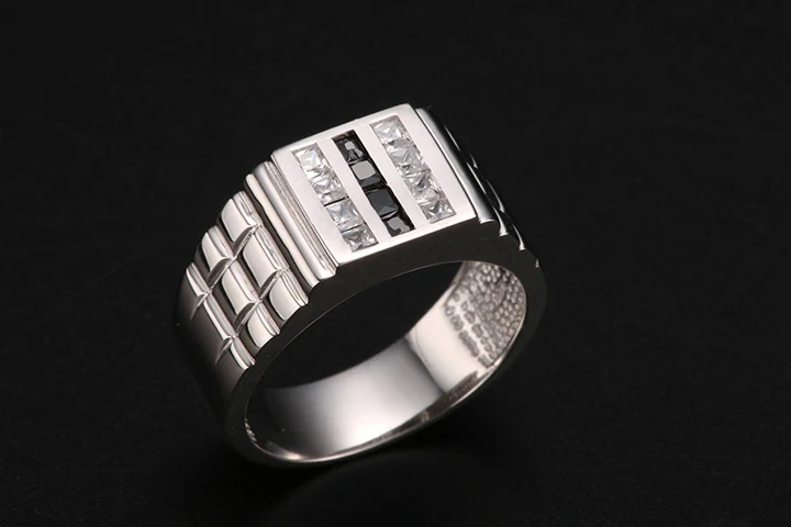 Real 925 Sterling Silver Men Ring Wedding Band Square Zircon Black