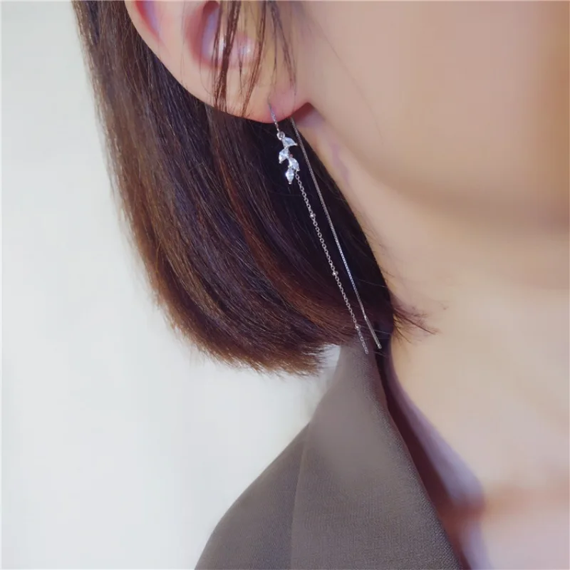 

Real 925 Sterling Silver Quality Sparkling Zircon Long Tassel Dangle Earrings Simple Designer Women Leaf Shape Drop Earrings