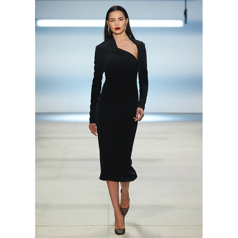

Autunm Black Sheath Bodycon Long Dress Asymmetrical neck Mid Calf Sexy Club Women dress