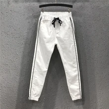 Женская одежда белые повседневные джинсовые ножки новые индивидуальные полосы сплошной цвет эластичная талия Свободные шаровары женские брюки