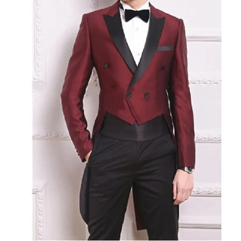 Gwenhwyfar Shinny Satin Burgundy Mens Suits With Small Black Collar