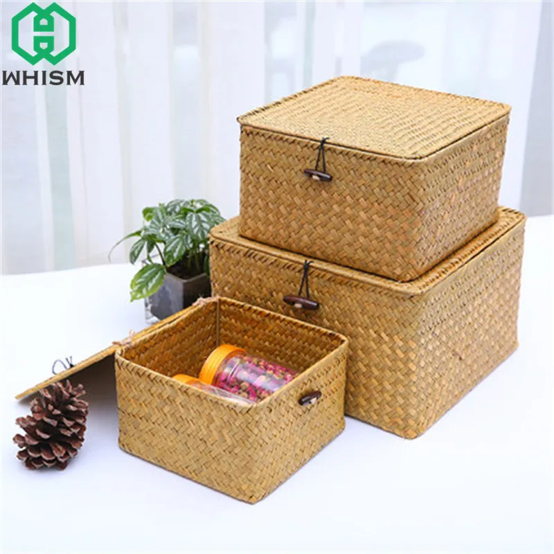  WHISM Seagrass Wicker Basket Cosmetic Holder Makeup Storage Box Jewelry Storage Basket Handmade Clo