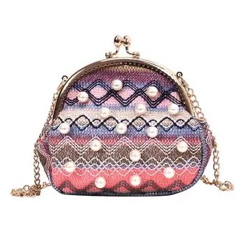 

Ladies Fashion Clutch Female Bolsa Party Wedding Ethnic Woven Pearls Decor Shoulder Handbags Women Small Chain Crossbody Bag