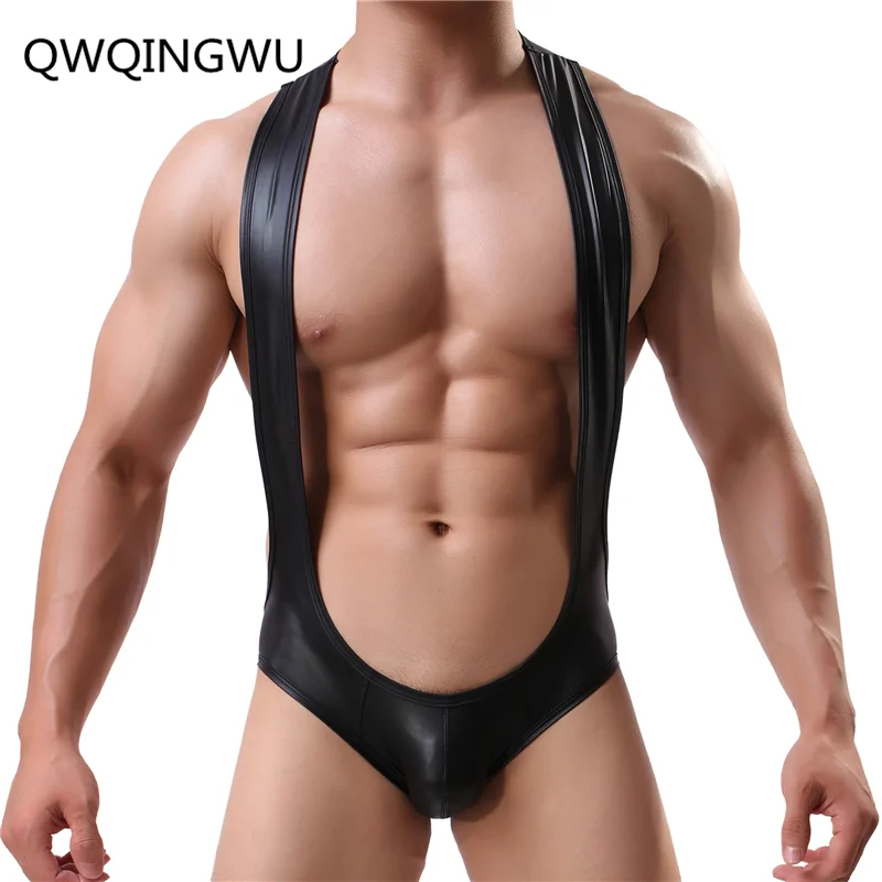 Sexy One Piece Bodysuits Mens Undershirts PU Leather Jumpsuits Teddies Shapers Gay Men Underwear Leotard Nightwear Undershirt mens sexy lips mesh bodysuit jockstrap bodywear undershirts wrestling singlet leotard jumpsuits one piece sexy teddies underwear