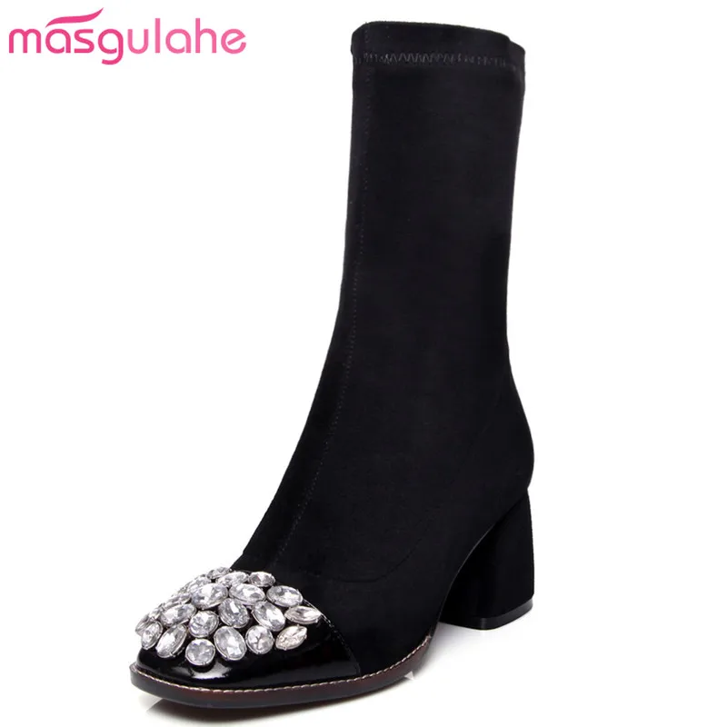 

masgulahe 2018 New fashion stretch leather women boots autumn ankle boots round toe sexy rhinestone ladies autumn suede boots