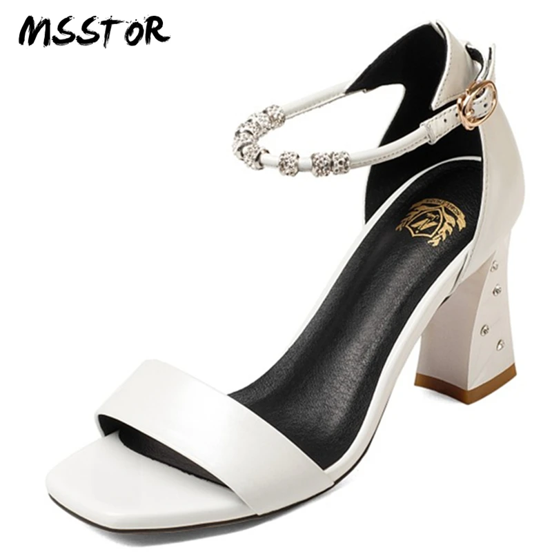 

MSSTOR Fashion Peep Toe High Heels Summer Shoes White Concise Buckle Strap Block Heels Sandals Women Crystal Black Shoes Women