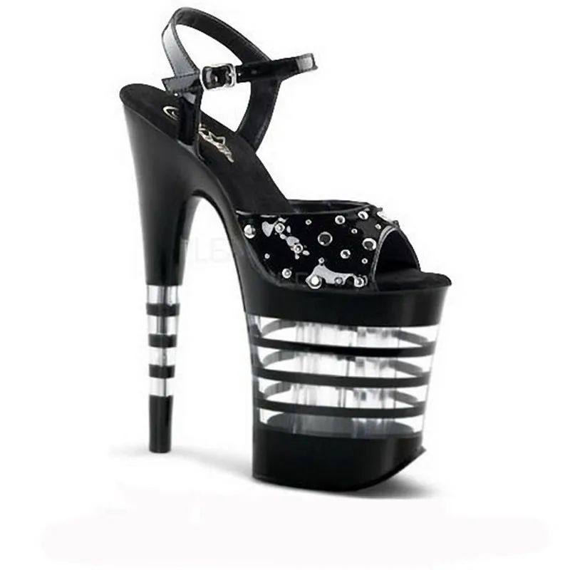 

20cm fashion rivets super star dress shoes 8 inch high heel shoes summer sandals 8 inch punk Stripe Crystal shoes