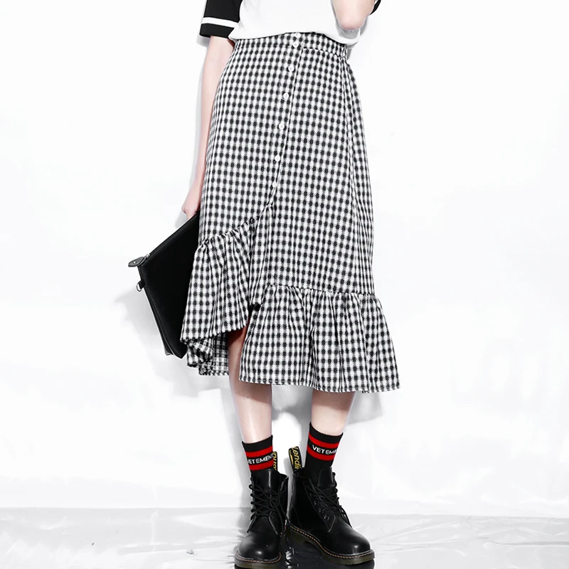 Ly197 Skirt 2017 Irregular Spring Plaid Elastic Empire red New Fashion Skirts Slim Design Summer Waist Casual Fishtail Ladies blue Women Black qpr68T
