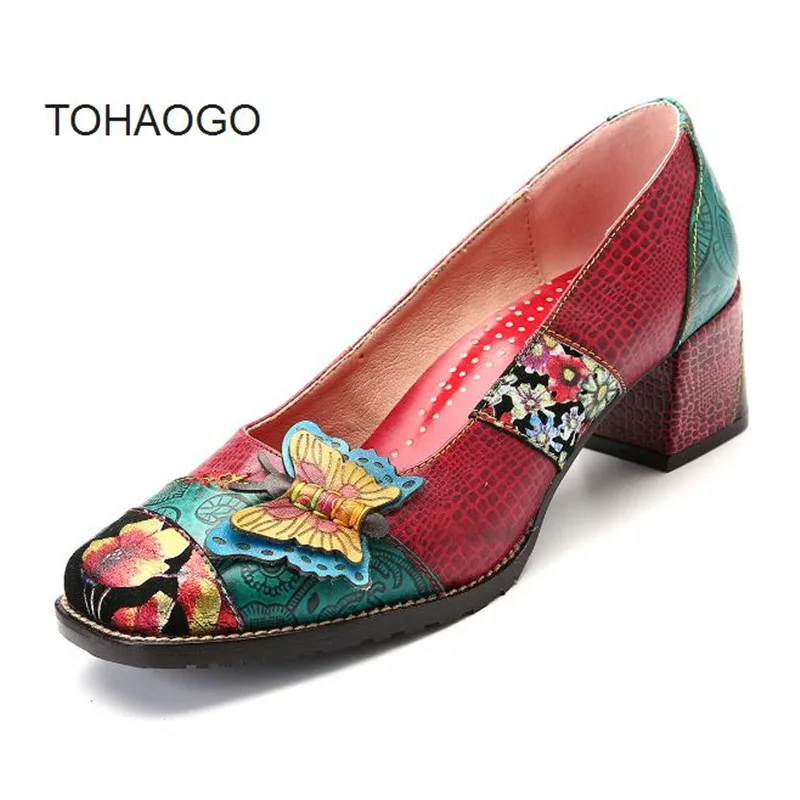 

Spring new high heels Embossed leather big size women's shoes Color matching rough with handmade shoe Mid-heel work shoes