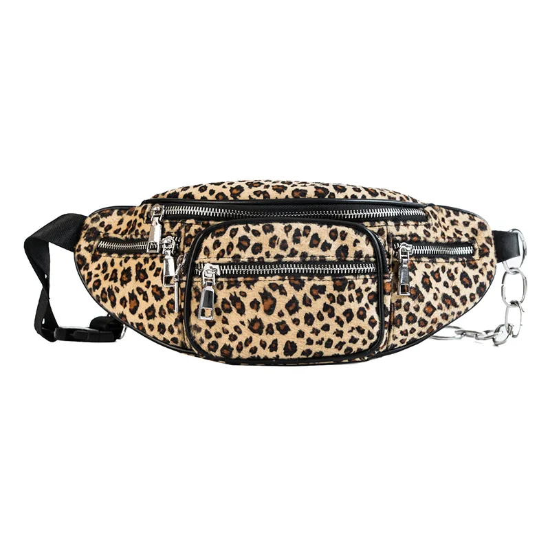 

Leopard Print Waist Bags For Women Suede Chain Funny Pack Female Belt Bags With Iron Beads Small Chest Bag New