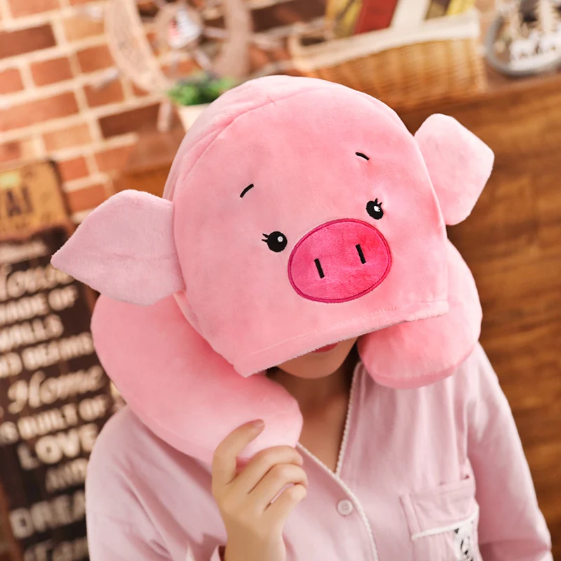30cm Cute Animal Travel Pillow Stuffed Plush Elephant Pig Kakao Lion U Shape Pillow with hat Birthday Gifts For Kids Girls