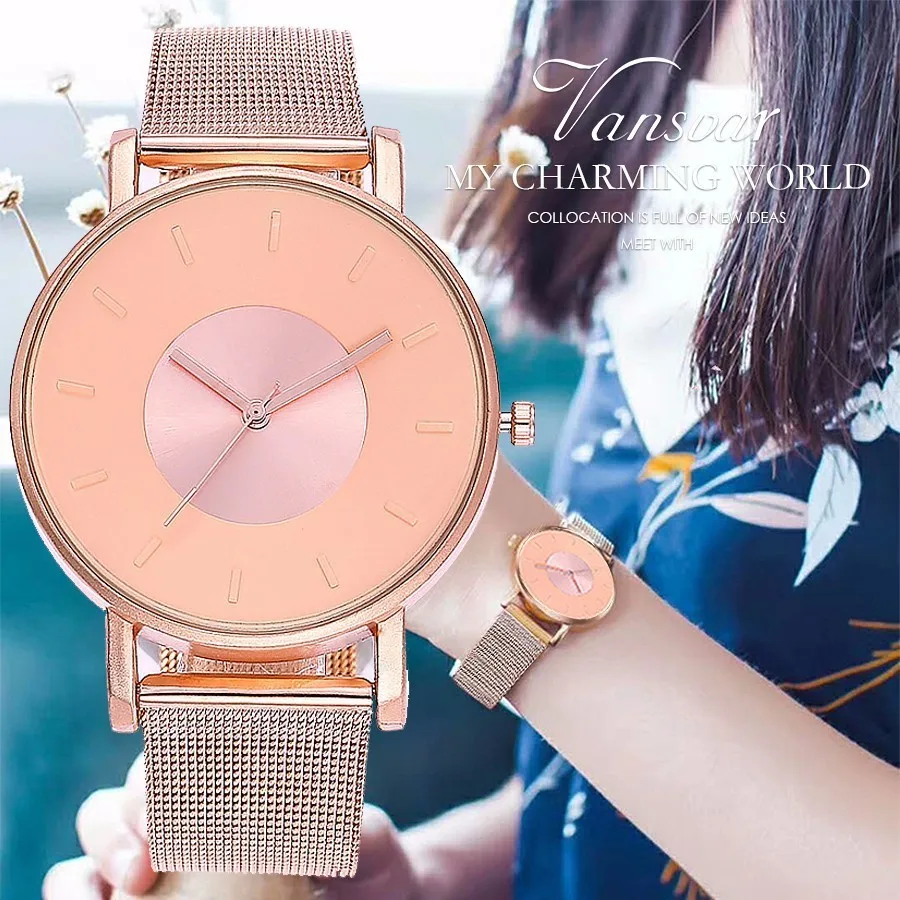 

Vansvar Brand Stainless Steel Silver Gold Mesh Watch Unique Fashion Casual Women Men Quartz Wristwatches Relogio Feminino Hot