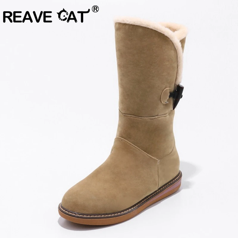 

REAVE CAT Shoes woman Mid-calf boots Autumn winter boot Fur Round toe Female mujer botas Nubuck Sweet Style Zipper Solid A1024