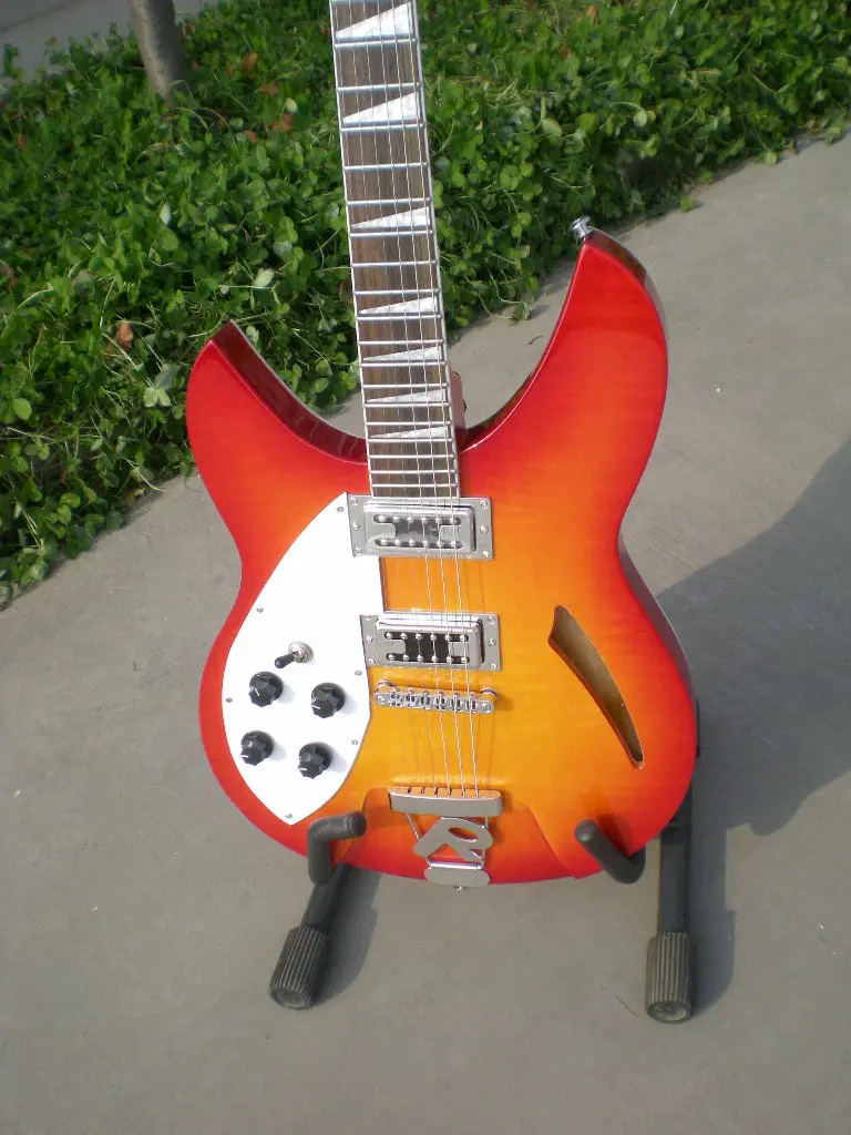 

High-end factory custom left hand 6 string electric guitar, half hollow body, red and yellow gradient, rekenbach electric guitar