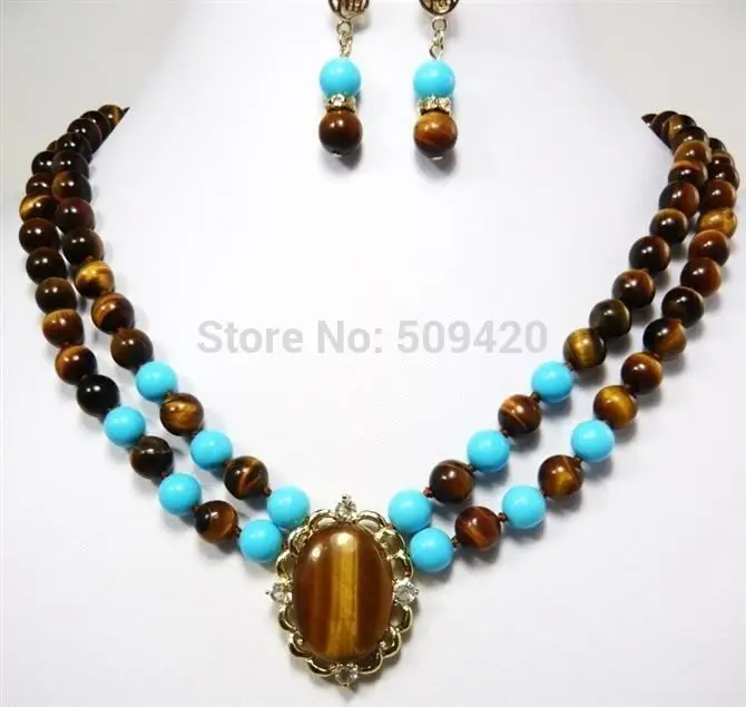 

Wholesale jewe217>>2Rows Turquoise & Tiger's Eye pendant necklace earrings 8mm 17-18 set #@