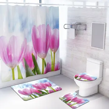 

Flower Pattern 4 Pcs/Set Shower Curtain Bath Rug Set Toilet Cover Bath Mat Set Bathroom Accessories Curtains with Hooks