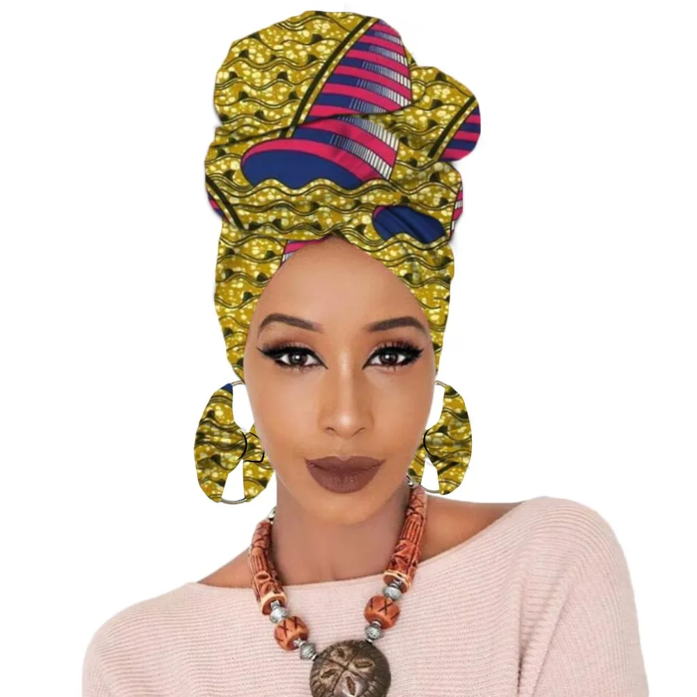 Print turban traditional African headscarf women headtie with earring (3)