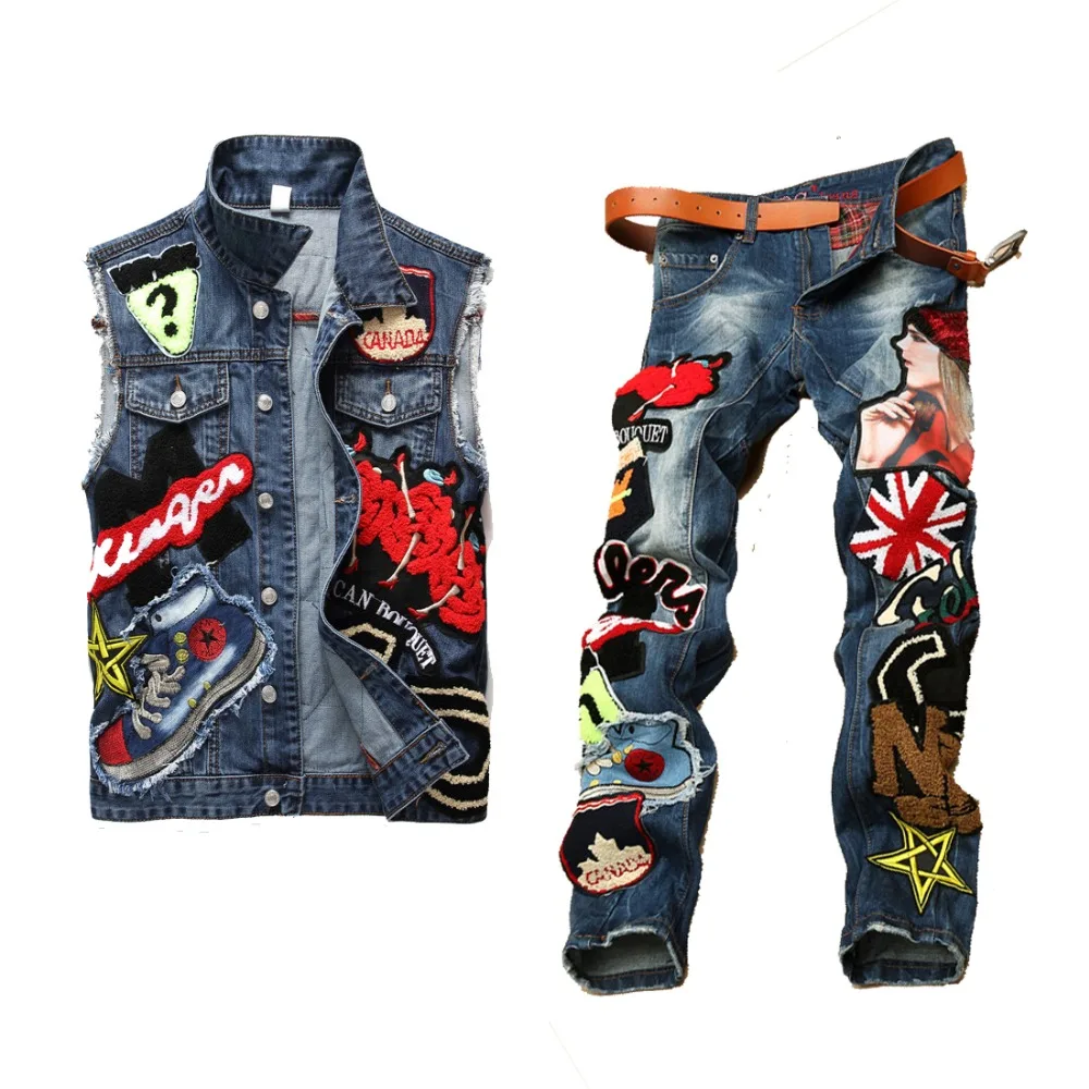 

Spring 2019 Newest Fashion Men's Sets Sequined Embroidery Beauty Punk Style Sleeveless Vests Hombre Ripped Denim Pants Man Suit