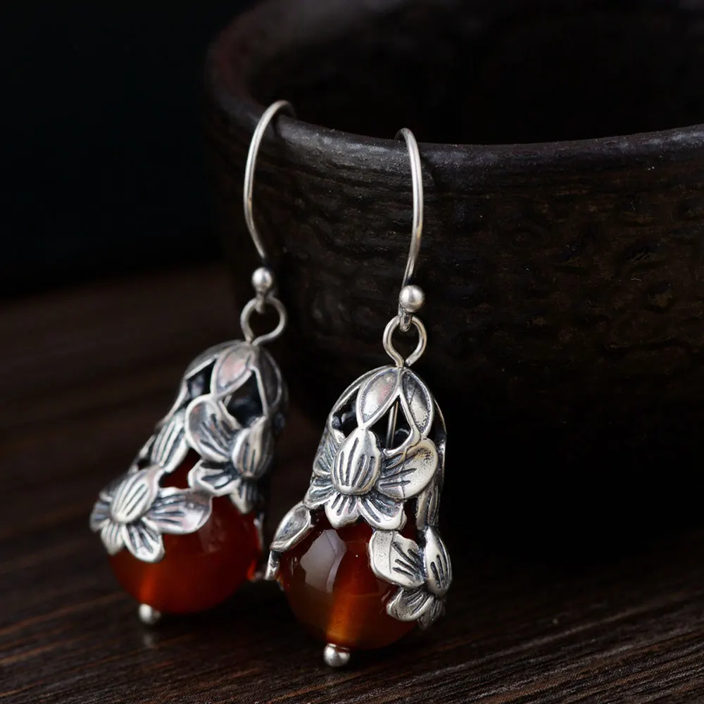 

FNJ 925 Silver Flower Earrings for Women Jewelry Hang Red Stone S925 Sterling Silver boucle d'oreille Drop Earring