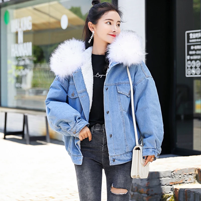 Greatest  Winter Fur Denim Jacket Women Fashion Faux Rabbit Fur Blue Jeans Jacket Coat with Warm Lining Femal