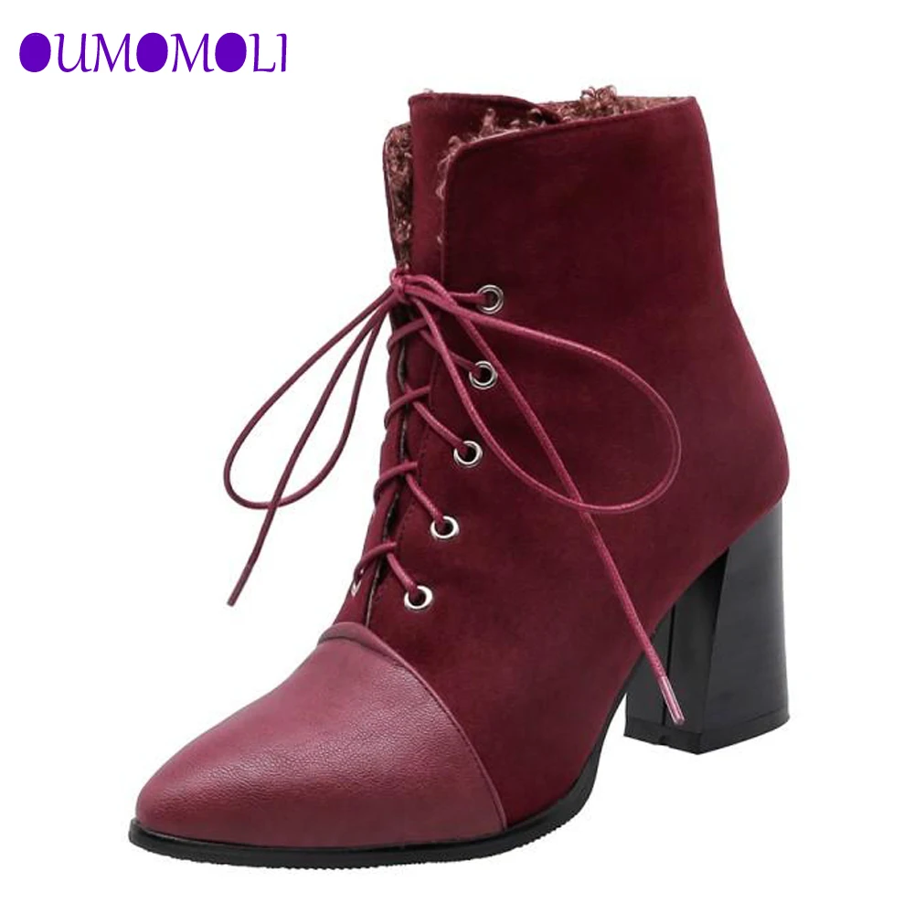 

2019 new winter Lace-Up women's boots plus velvet warm boots booties pointed toe Thick heel with flanging fashion boots J171