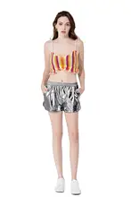 Icostumes womens casual brilhante metálico elástico cintura solta shorts com bolsos