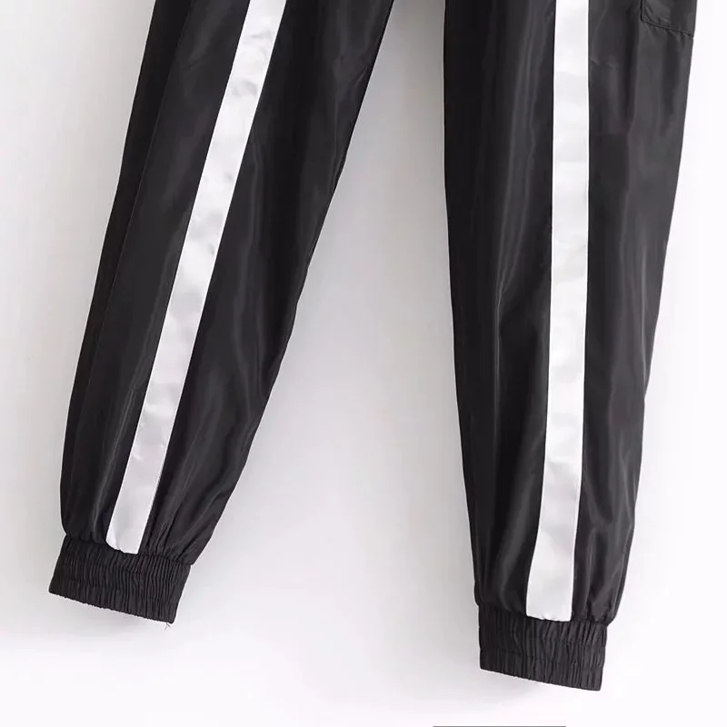 Kpop Blackpink Ross уличная свободные полосатые штаны-шаровары женские с высокой талией повседневные светоотражающие полоски с завязками спортивные штаны