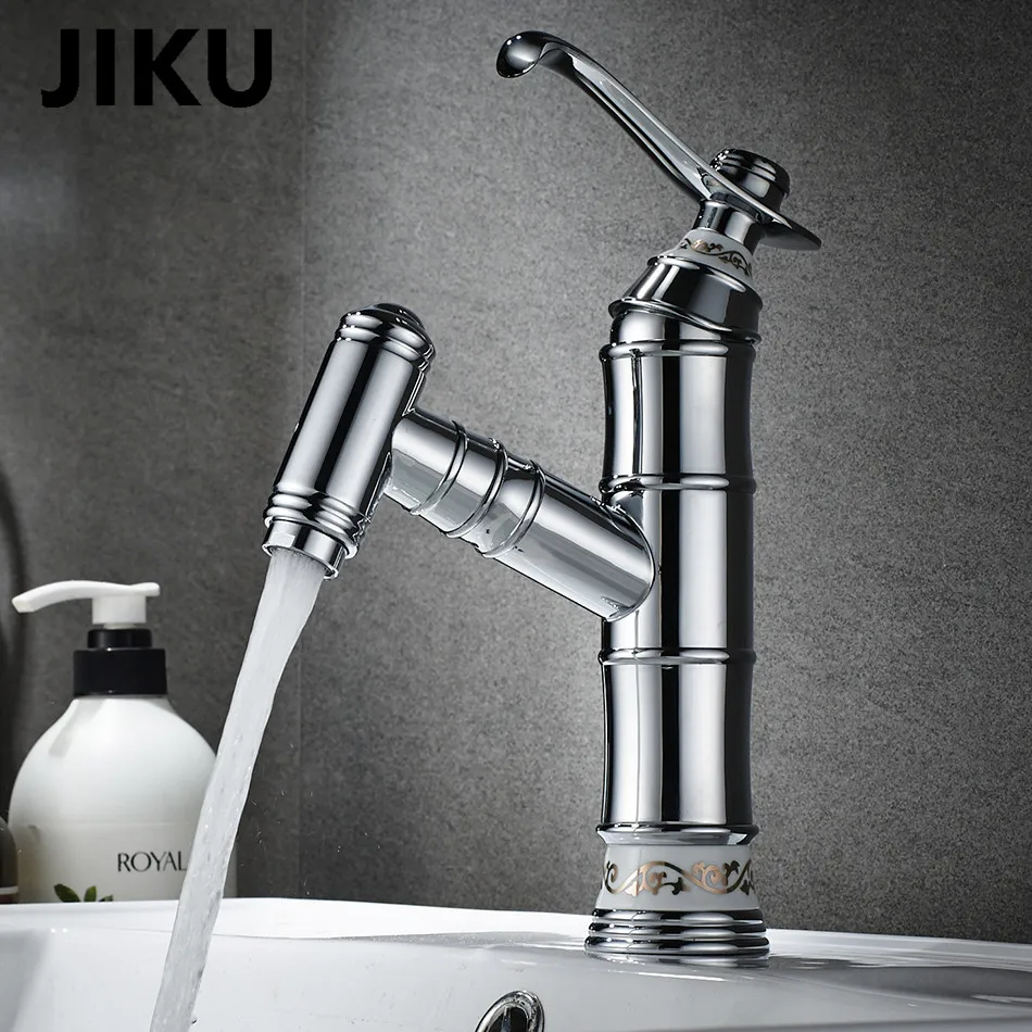 JIKU, европейский античный кран для раковины в ванной, Ретро стиль, бамбук, одно отверстие, кран для раковины, винтажный латунный кран для воды, горячий и холодный