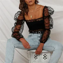 Женские сетчатые Прозрачные топы, накидка на лето, принт со звездой, в горошек, с пышными рукавами, кружевная блузка, Прозрачная женская накидка