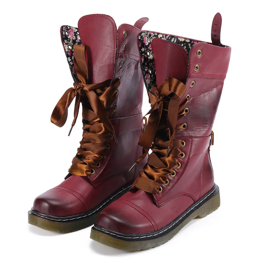 

Punk Style Zipper Tall Boots Women's Pure Women Retro Shoe Low-Heeled Leather Boot Non-Slip Round Toe Lace-Up Middle Boot #smt