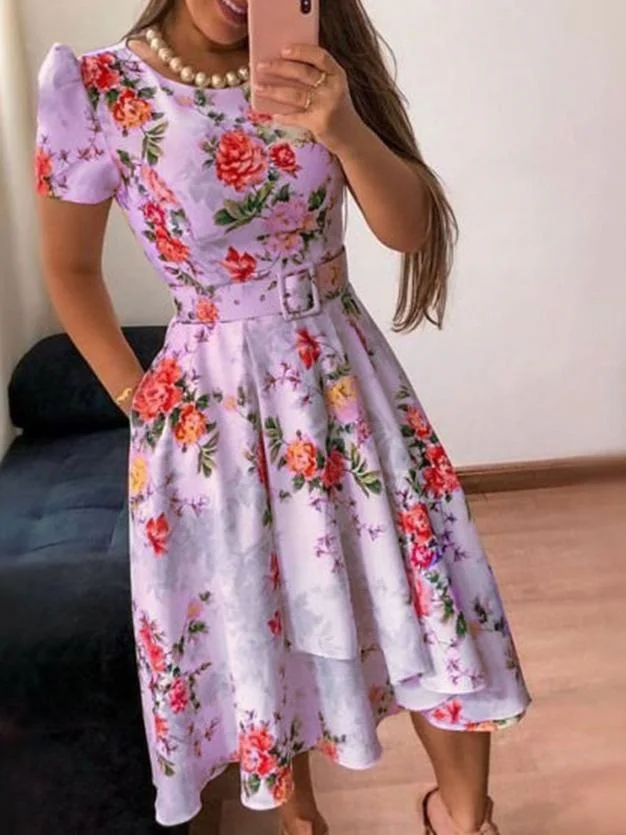 

Summer short sleeve floral print swing dress with belts Purple pink blue women pocket knee length midi dress Ladies party frocks