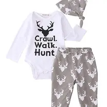 Одежда для новорожденных девочек и мальчиков топы с длинными рукавами и принтом оленя, комбинезон+ штаны с оленем, леггинсы шапка, комплект одежды из 3 предметов
