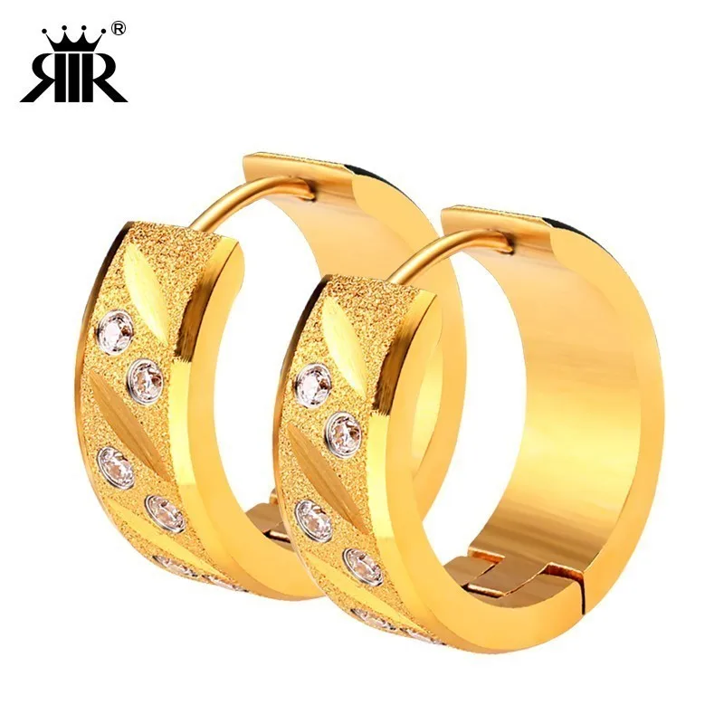 

RIR Fashion1 Pair Stainless Steel Circle Rhinestone Gold Hoop Earrings Shine For Women Cz Stone