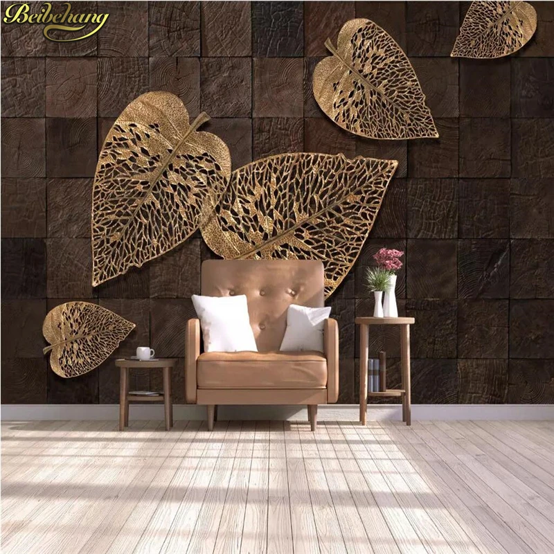 beibehang Custom photo wallpaper mural modern minimalist European retro three-dimensional wood grain golden leaves background