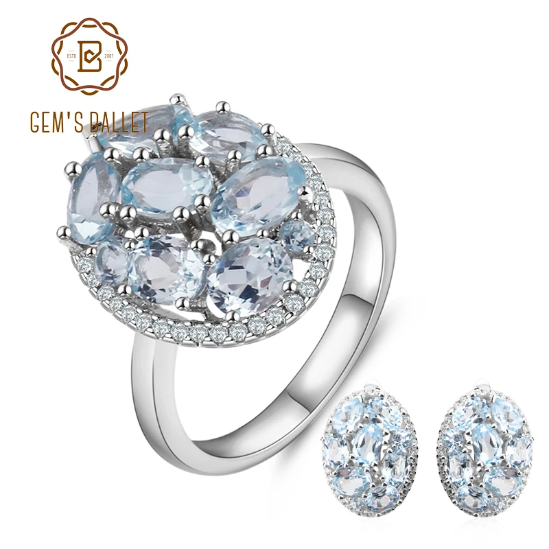 

GEM'S BALLET 11.40ct Oval Natural Sky Blue Topaz Classic Gemstone Jewelry Sets 925 Sterling Silver Earrings Ring Set For Women