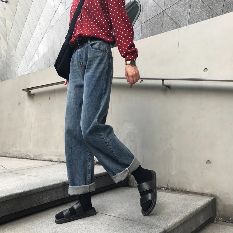 

Mihoshop Ulzzang Korean Korea Women Fashion Clothing Autumn High Waist Casual Preppy Denim Cowboy Straight Jeans Pants
