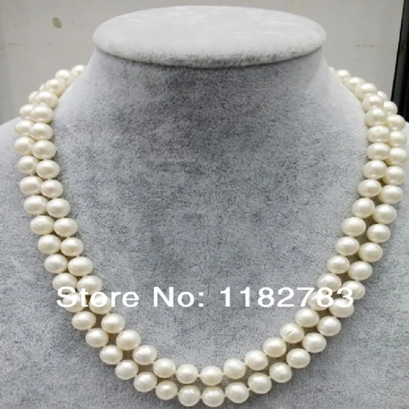 Free shipping 100% natural pearl 8 8.5MM classic double white round freshwater pearl necklace 