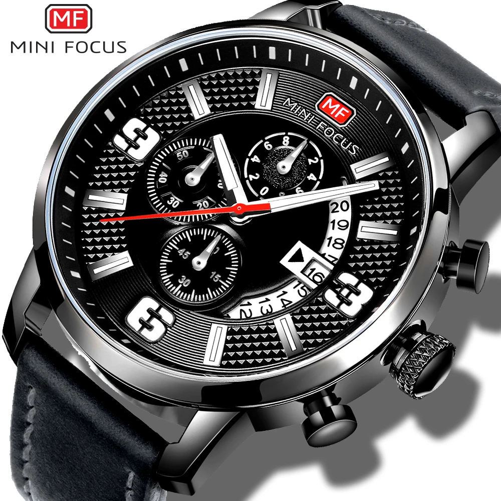 

Mini Focus Black Sport Chronograph Male Watch Men Sports Watches Leather Watchband Auto Date Clock Mens Wristwatch reloj hombre