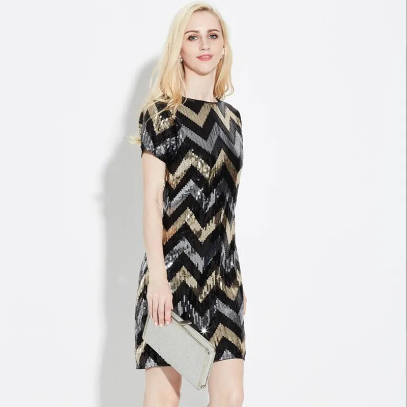 

Robe Wave Pattern Geometric Straight Vintage Gatsby Black Gold Sequin Dress Stunning Short Sleeve Mini Fitted Lady Party Dress