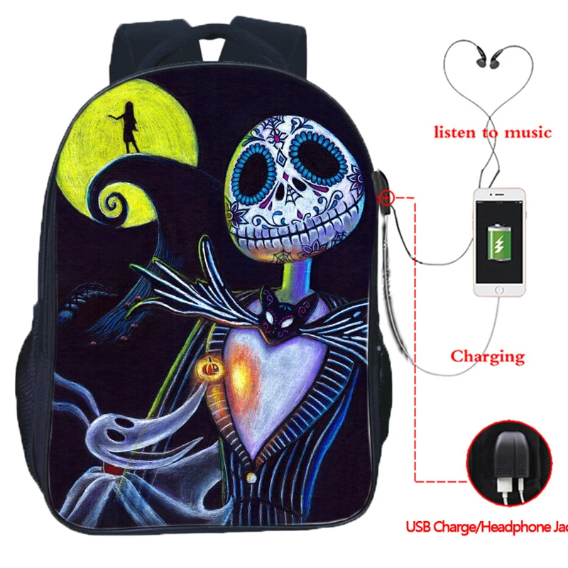 The Nightmare Before Christmas Backpack USB Charging Backpack Jack Skellington School Bag Backpacks Multifunctional Travel Bags - Цвет: 22