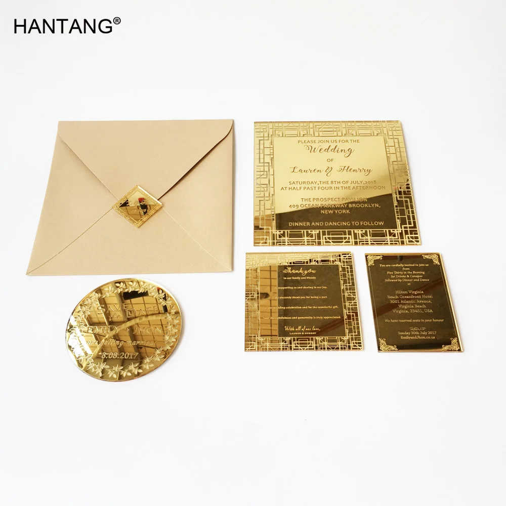  Personalised 150x150mm Square Shape Golden Mirror Acrylic Wedding Invitation Card Set 100 Sets Per  - 32828536279