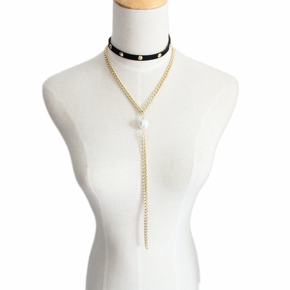 

CirGen,12 colors,2 Per Set,Leather Choker Long Gold Color Chain Big glass faux Pearl Pendant Chokers Necklace Women Jewelry,D80