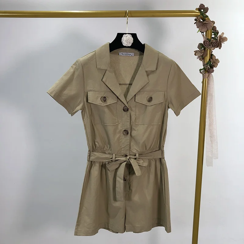 

Khaki Lapel Short Sleeve Waist Tooling Coats Shorts Women's High Waist Casual